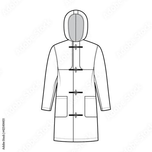 Duffle coat technical fashion illustration with hood, long sleeves, oversized body, knee length, patch pockets, toggle. Flat jacket template front, white color style. Women, men, unisex top CAD mockup