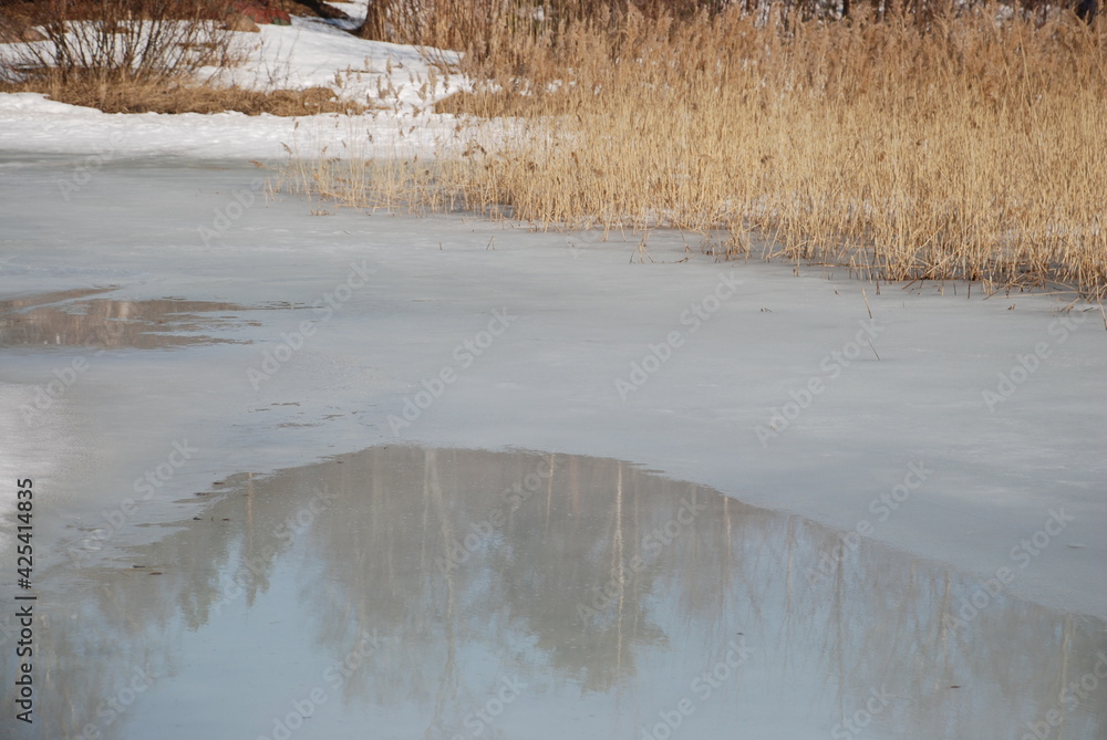 A puddle of water in the snow with ice. Melted snow lies on the ice on the water. From above, the snow melted to form a puddle of water in which the light blue sky and trees growing on the shore are r