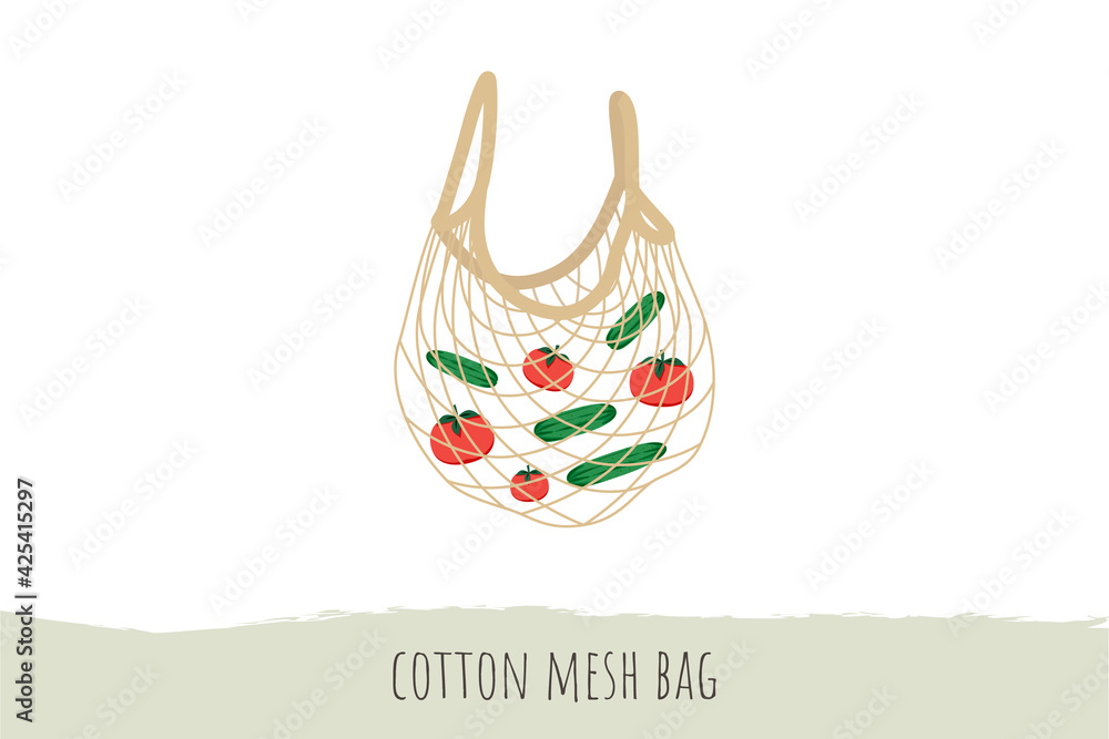 Cotton mesh bag. Eco-friendly reusable string net bag with fresh vegetables for vegans: tomatoes and cucumbers. Vector flat illustration icon isolated on white background Cotton mesh bag. Eco-friendly reusable string net bag with fresh vegetables for vegans: tomatoes and cucumbers. Vector flat illustration icon isolated on white background