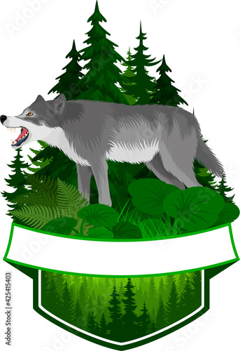 vector woodland emblem with gray wolf