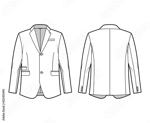 Tailored jacket lounge suit technical fashion illustration with long sleeves, notched lapel collar, flap went pockets. Flat coat template front, back, white color style. Women, men, unisex CAD mockup
