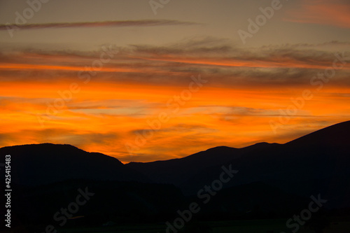 sunset in the town of Gerbe, in the Aragonese Pyrenees, located in Huesca, Spain