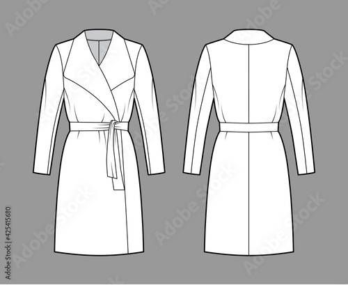 Wrap coat technical fashion illustration with tie, long sleeves, shawl lapel collar, oversized body, knee length. Flat jacket template front, back, white color style. Women, men, unisex top CAD mockup
