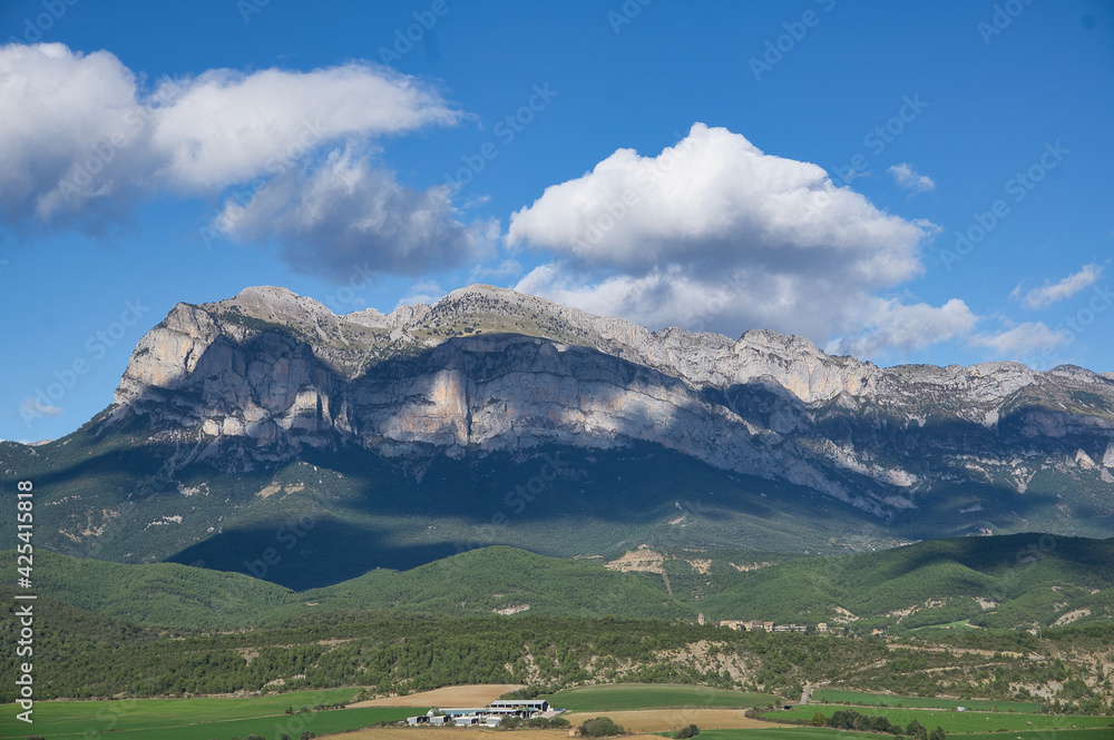 views of the mountains from the viewpoint of the town of Ainsa, in the Aragonese Pyrenees, located in Huesca, Spain