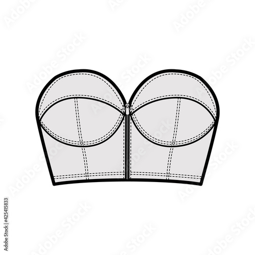 Denim bustier top technical fashion illustration with zip-up closure, cups strapless , slim fit, crop length. Flat bra template front, grey color style. Women, men, unisex CAD mockup
