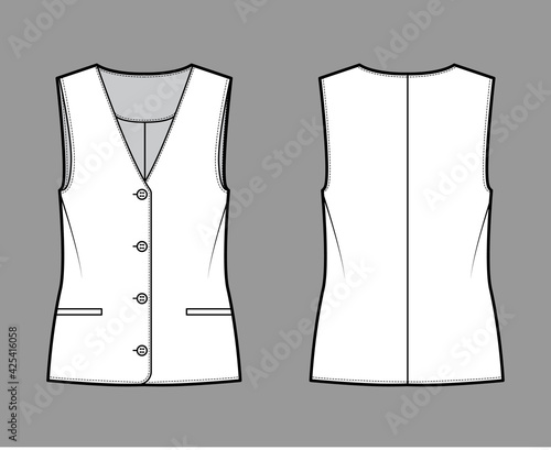Button front vest waistcoat technical fashion illustration with sleeveless, welt besom pockets, fitted body. Flat apparel template front, back, white color style. Women, men, unisex top CAD mockup