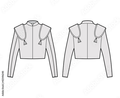 Torero jacket matador technical fashion illustration with long sleeves, stand collar, waist length, embellish. Flat chaqueta template front, back, grey color style. Women, men, unisex top CAD mockup