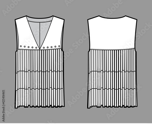 Hippie vest waistcoat technical fashion illustration with fringe, sleeveless, V-neckline, rivets, oversized body. Flat apparel template front, back, white color style. Women, men unisex top CAD mockup