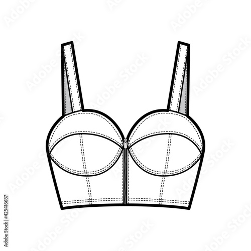 Denim bustier top technical fashion illustration with thin straps, zip-up closure, cups, slim fit, crop length. Flat bra template front, white color style. Women, men, unisex CAD mockup