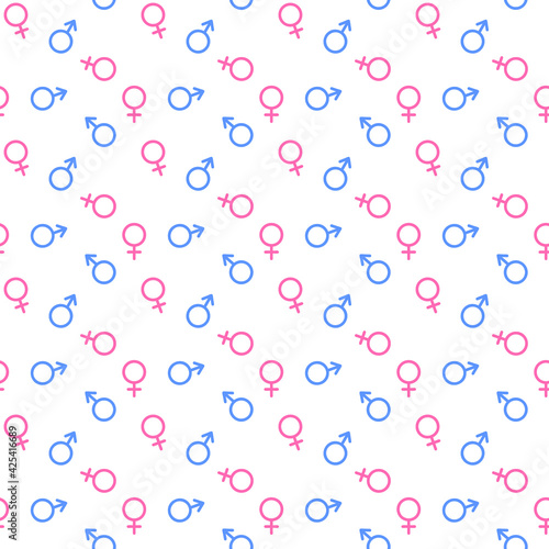 Gender seamless pattern. Male and female sex symbols, Mars and Venus signs. Print for gender reveal party, baby shower, boy or girl concept. Vector flat illustration. 