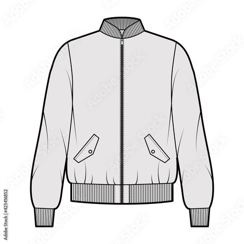 Zip-up Bomber ma-1 flight jacket technical fashion illustration with Rib collar, cuffs, oversized, long sleeves, flap pockets. Flat coat template front, grey color. Women men unisex top CAD mockup