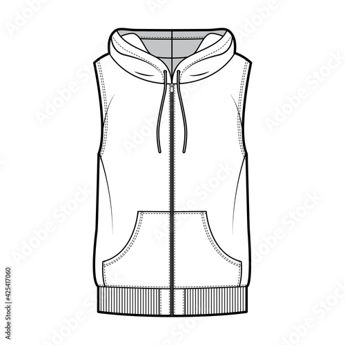 Hooded vest waistcoat technical fashion illustration with sleeveless, kangaroo pouch, zip-up closure, oversized body. Flat template front, white color style. Women, men, unisex top CAD mockup