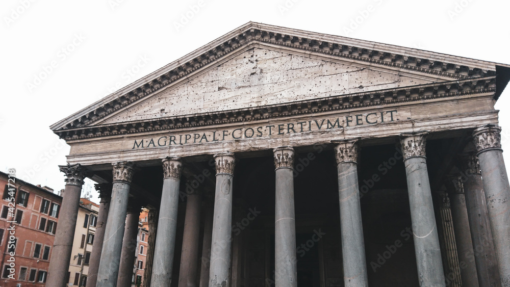 Pantheon facade view in Rome, Italy. Famous antique roman temple built circa 118 to 125 A.D. with a dome and colonnade. Front entrance with columns