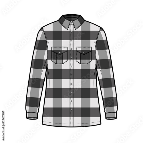 Lumber jacket technical fashion illustration with Buffalo Check motif, oversized body, flap pockets, button closure, long sleeves. Flat apparel front, grey color style. Women, men unisex CAD mockup