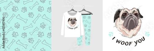 Seamless pattern and illustration set with hand drawn style pug, I woof you text