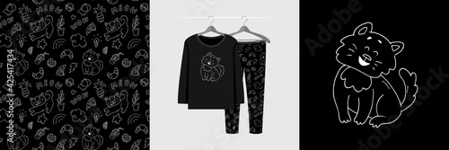 Seamless pattern and illustration set with hand drawn doodle style cat