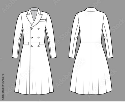 Frock coat technical fashion illustration with double breasted, long sleeves, round collar peak, knee length, A-line skirt. Flat template front, back, white color style. Women, men, unisex CAD mockup