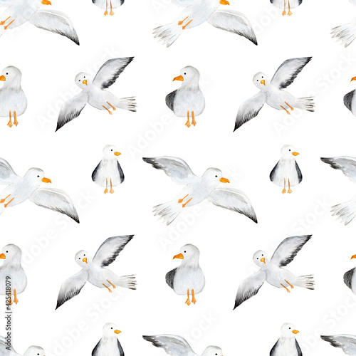 Seamless pattern with funny watercolor seagulls illustrations. 