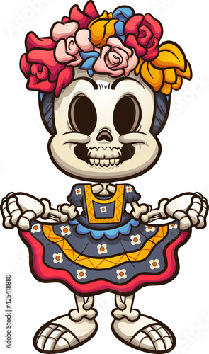 Mexican catrina skeleton with typical dress from Oaxaca. Vector clip art illustration with simple gradients. All on a single layer. 