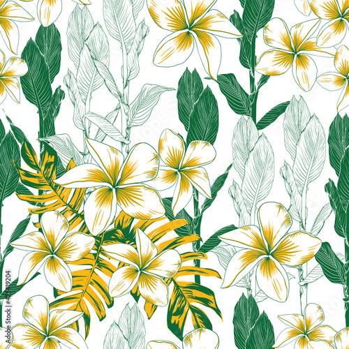Seamless pattern floral Frangipani flowers and Canna lilly leaf abstract background.Vector illustration watercolor hand drawning.fabric fashion design