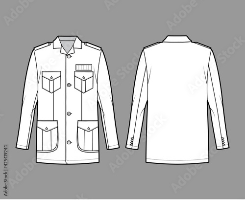 Safari jacket technical fashion illustration with oversized, open collar, long sleeve, button fastening, epaulettes. Flat coat template front, back white color style. Women men unisex top CAD mockup