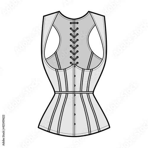 Corset gilet vest technical fashion illustration with sleeveless, Cord lacing back closure, slim fit, Whales. Flat apparel template front, grey color style. Women, men, unisex top CAD mockup