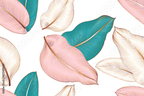 Vintage luxury seamless floral background with tropic exotic golden leaves. Romantic pattern template for wall decor, wallpaper, wedding invitations, ceremonies, cards.