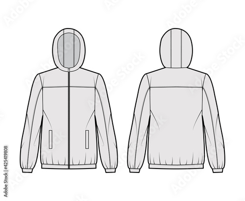 Windbreaker jacket technical fashion illustration with hood, oversized, long sleeves, welt pockets, zip-up opening. Flat coat template front, back, grey color style. Women, men, unisex top CAD mockup