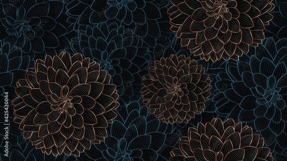 Luxurious vintage seamless pattern with golden flowers dahlia and leaves. - obrazy, fototapety, plakaty 