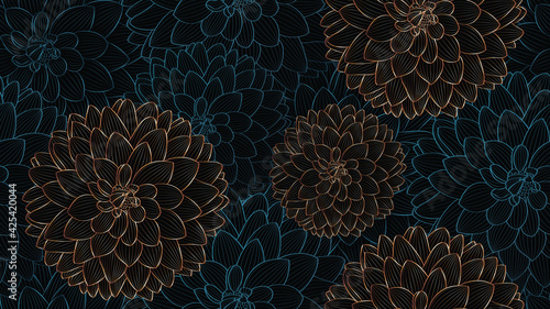 Luxurious vintage seamless pattern with golden flowers dahlia and leaves.