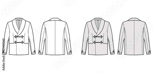 Smoking jacket technical fashion illustration with double breasted, long sleeves, shawl collar, besom pockets. Flat pajama top coat template front, back, white, grey color style. Women, men CAD mockup