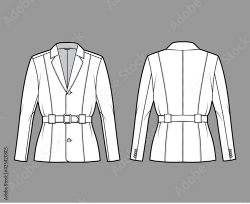 Belted jacket technical fashion illustration with belt, oversized, long sleeves, notched collar, button opening. Flat coat template front, back, white color style. Women, men, unisex top CAD mockup