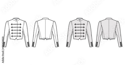 Majorette jacket technical fashion illustration with crop length, long leg o Mutton sleeves, stand collar, button frog closure. Flat blazer template front, back, white, grey color. Women CAD mockup