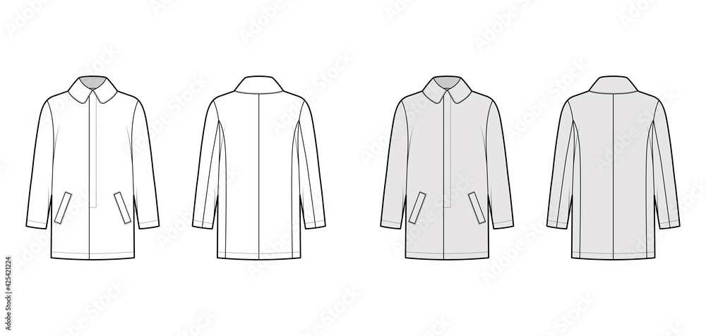Car coat technical fashion illustration with long sleeves, round lapel collar, oversized body, hide closure. Flat jacket template front, back, white, grey color style. Women, men unisex top CAD mockup Car coat technical fashion illustration with long sleeves, round lapel collar, oversized body, hide closure. Flat jacket template front, back, white, grey color style. Women, men unisex top CAD mockup