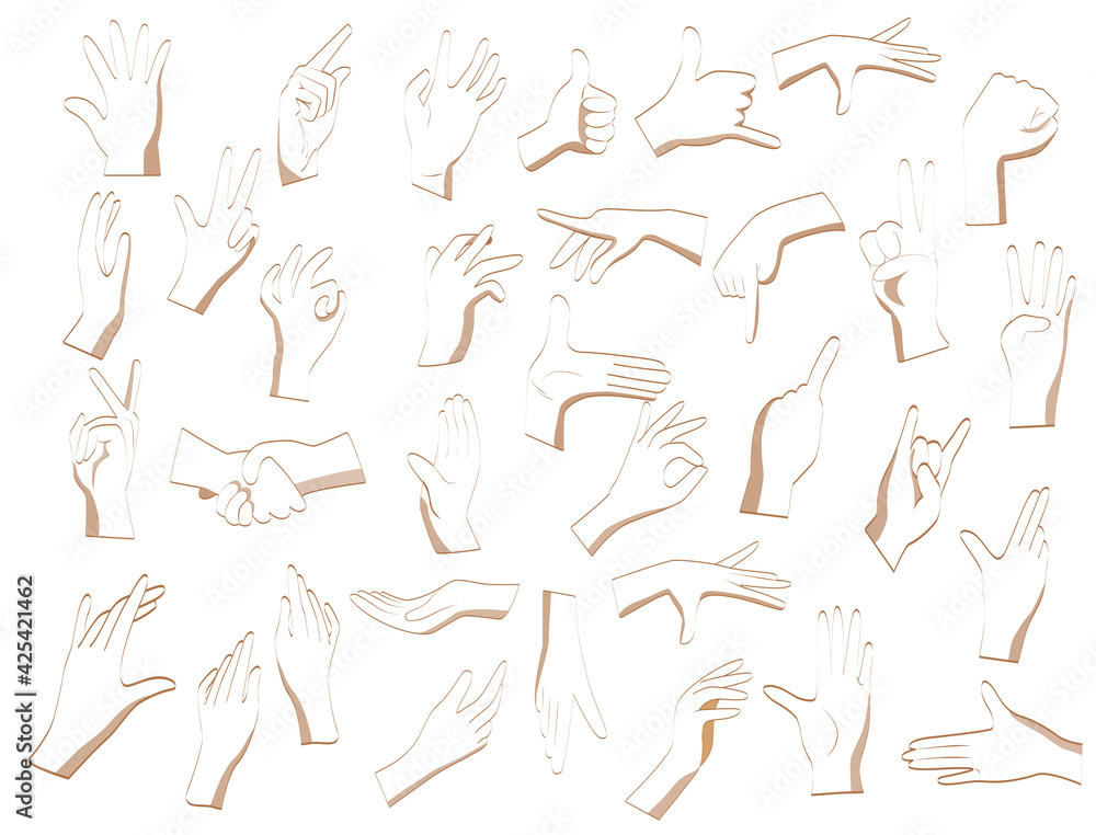 Flat hand gestures. Flat hands in different positions on a white background. Pointing hands, gesturing communication language, palm gesture designation. Vector illustration.