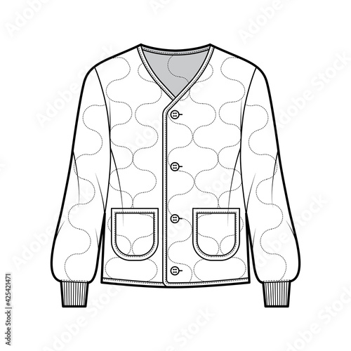 ALS 92 field jacket liner technical fashion illustration with oversized, long sleeves, oval patch pockets, Onion quilted shell. Flat coat template front, white color style. Women men unisex CAD mockup