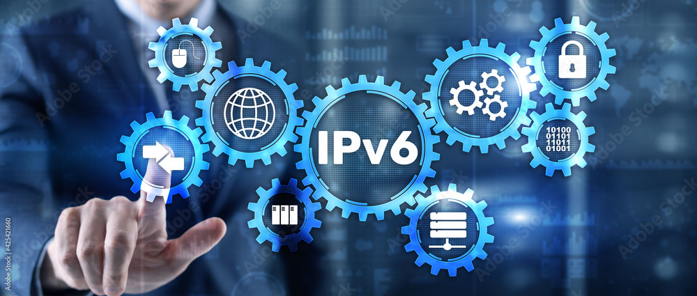 IPv6. Businessman pressing touch screen interface and select icon Internet Protocol