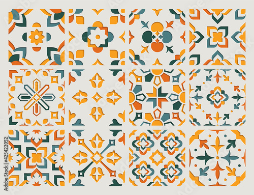 Set arabic oriental ornamental floral geometric arabesque seamless pattern tiles. East motif seamless tiles paper style background vector illustration