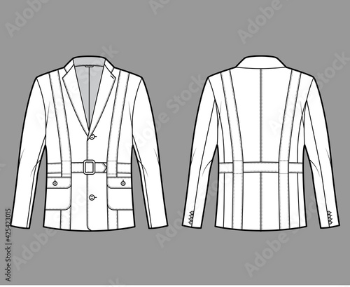 Norfolk jacket technical fashion illustration with belt, oversized, long sleeves, notched collar, button opening. Flat coat template front, back, white color style. Women, men, unisex top CAD mockup