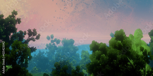 3D illustration. Alien planet. Futuristic buildings remnants. Space opera imaginary universe.