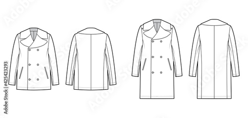 Set of reefer Pea coats technical fashion illustration with double breasted, oversized Stand up collar, jetted pockets. Flat jacket template front, back, white color style. Women, men top CAD mockup