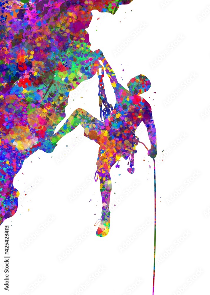 Fototapeta premium Climber man watercolor art, abstract painting. sport mountain art print, watercolor illustration rainbow, colorful, decoration wall art.