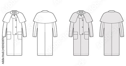Duster coat technical fashion illustration with long sleeves, napoleon lapel collar, oversized body, midi length, cape. Flat jacket template front, back, white, grey color. Women, men, top CAD mockup