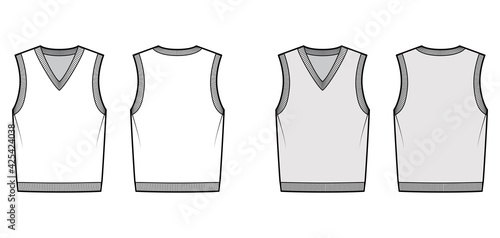 Pullover vest sweater waistcoat technical fashion illustration with sleeveless, rib knit V-neckline, oversized body. Flat template front, back, white, grey color style. Women, men, unisex CAD mockup