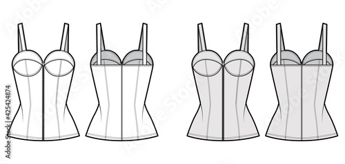Denim corset top bustier technical fashion illustration with basque, thin straps, zip-up closure, cups, fitted body. Flat apparel template front, back, white, grey color style. Women, men CAD mockup photo
