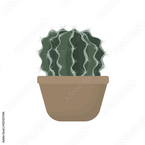 Houseplant Cactus and succulent in flat handrawn style. Decorative flower plant in ceramic pot. Isolated icon cacti. Home plant with needles. Cartoon vector illustration.