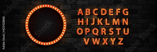 Vector realistic isolated marquee circle lightbox billboard with light bulb neon font for template decoration and invitation covering on the wall background. Concept of broadway and show.