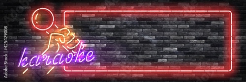 Vector realistic isolated neon sign of Karaoke frame for template decoration and invitation covering on the wall background. Concept of karaoke, night club and music.
