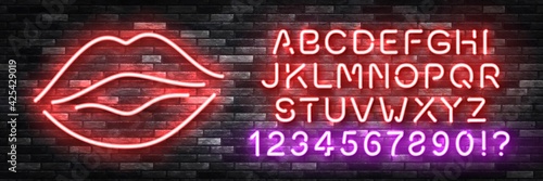 Vector realistic isolated neon sign of Lips with easy to change color alphabet font logo for decoration and covering on the wall background.