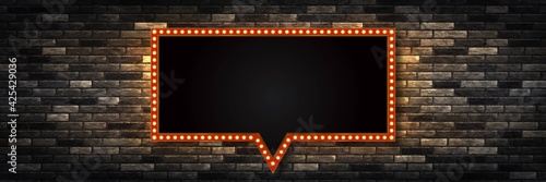 Vector realistic isolated retro marquee billboard with electric light lamps for invitation on the wall background. Concept of vintage decoration.